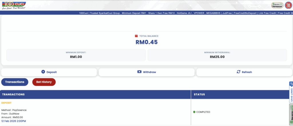 100cuci login bet history